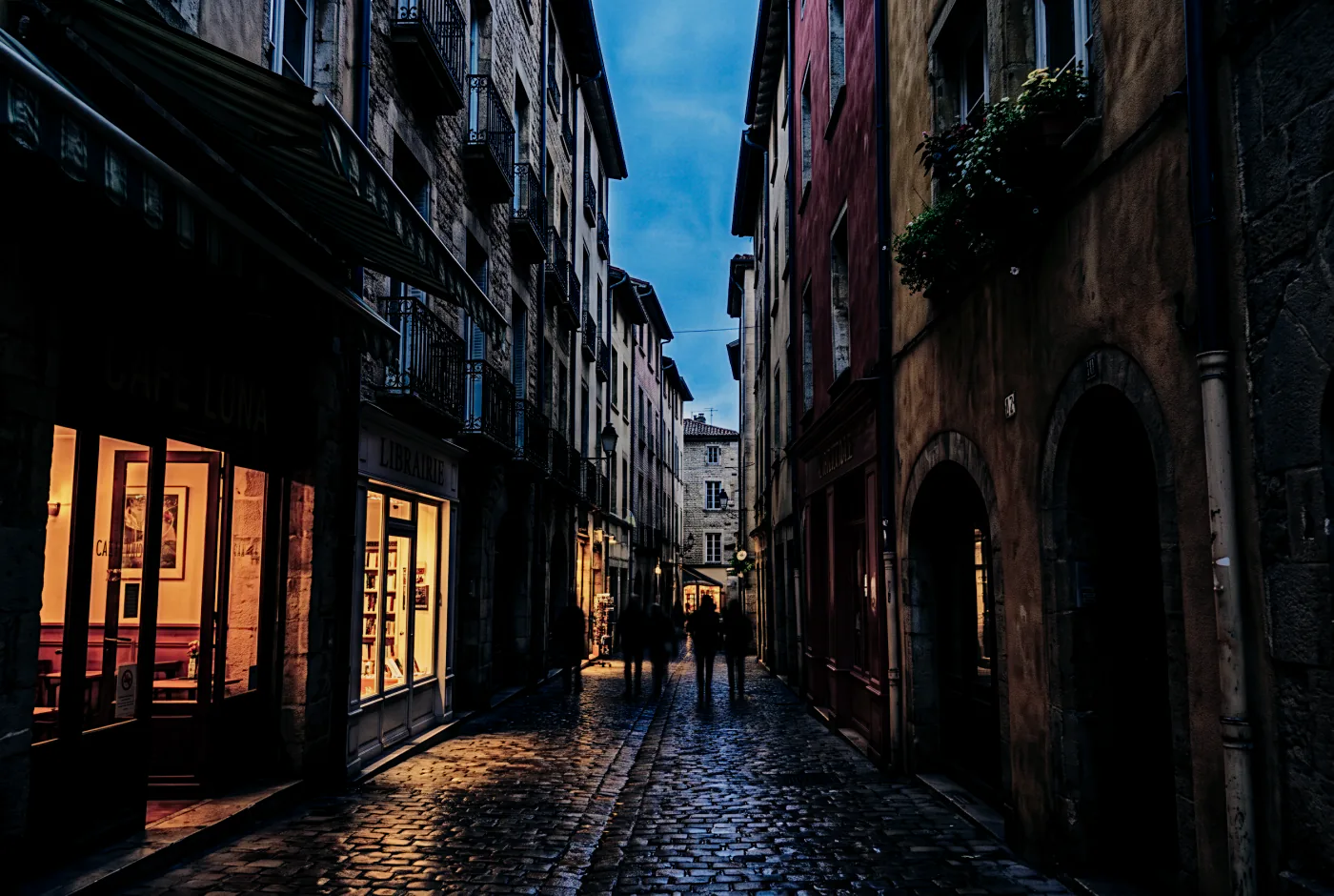 A narrow old town street at dusk, rendered by Lightbox with the Concrete Brutal preset applied