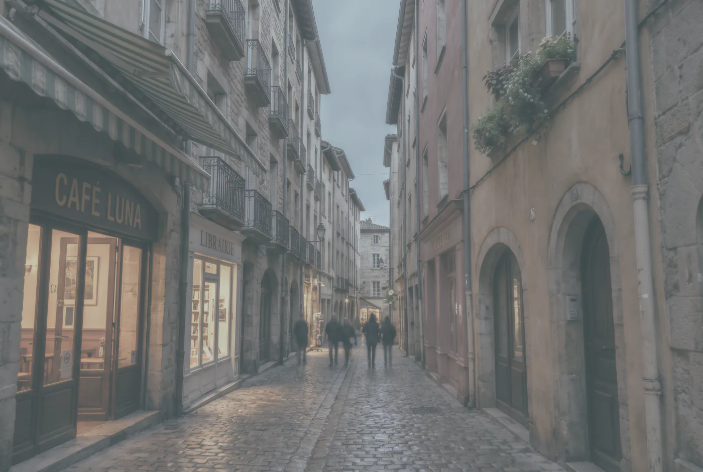 A narrow old town street at dusk, rendered by Lightbox with the Fog Bank preset applied