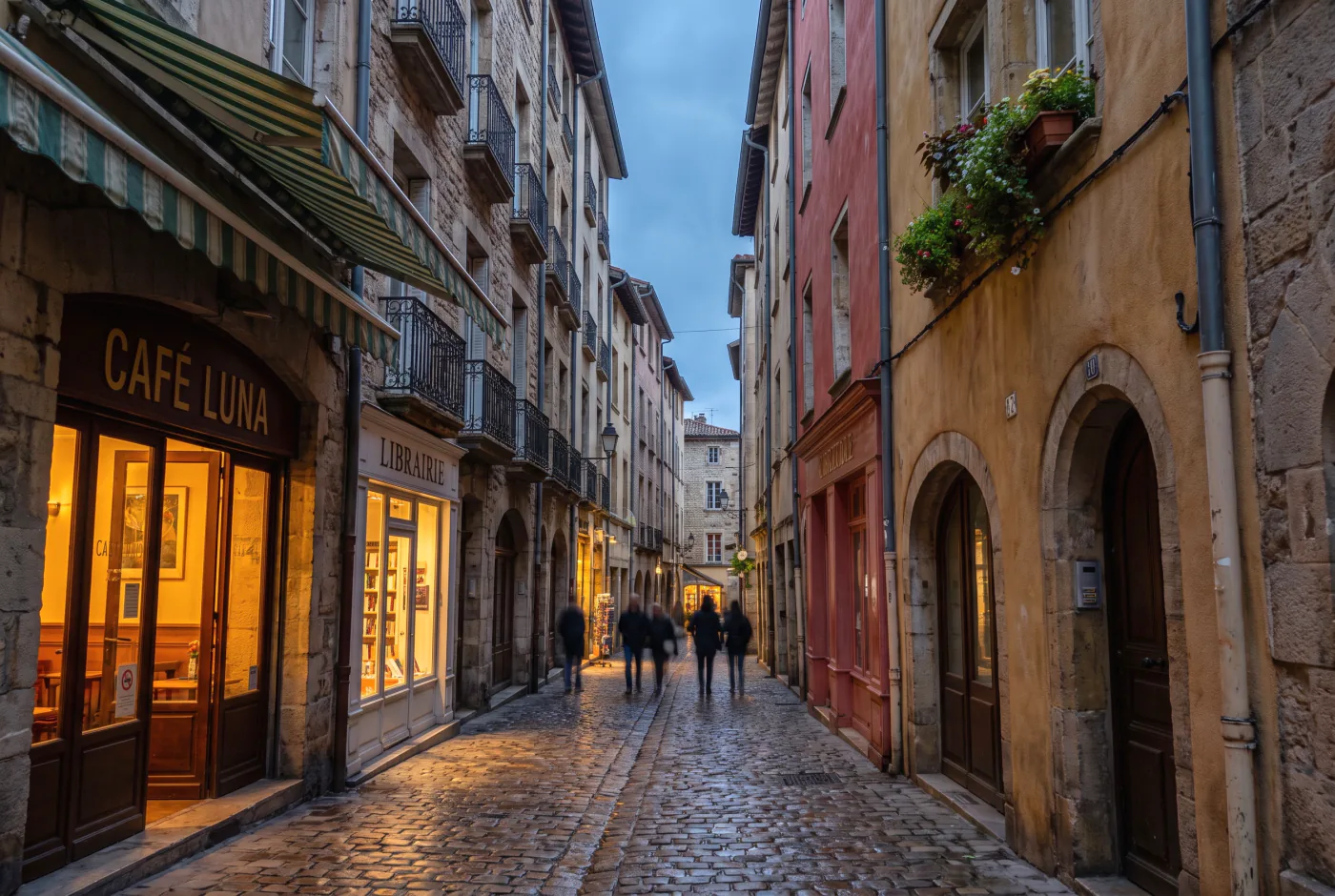 A narrow old town street at dusk, rendered by Lightbox with the Glasshouse preset applied