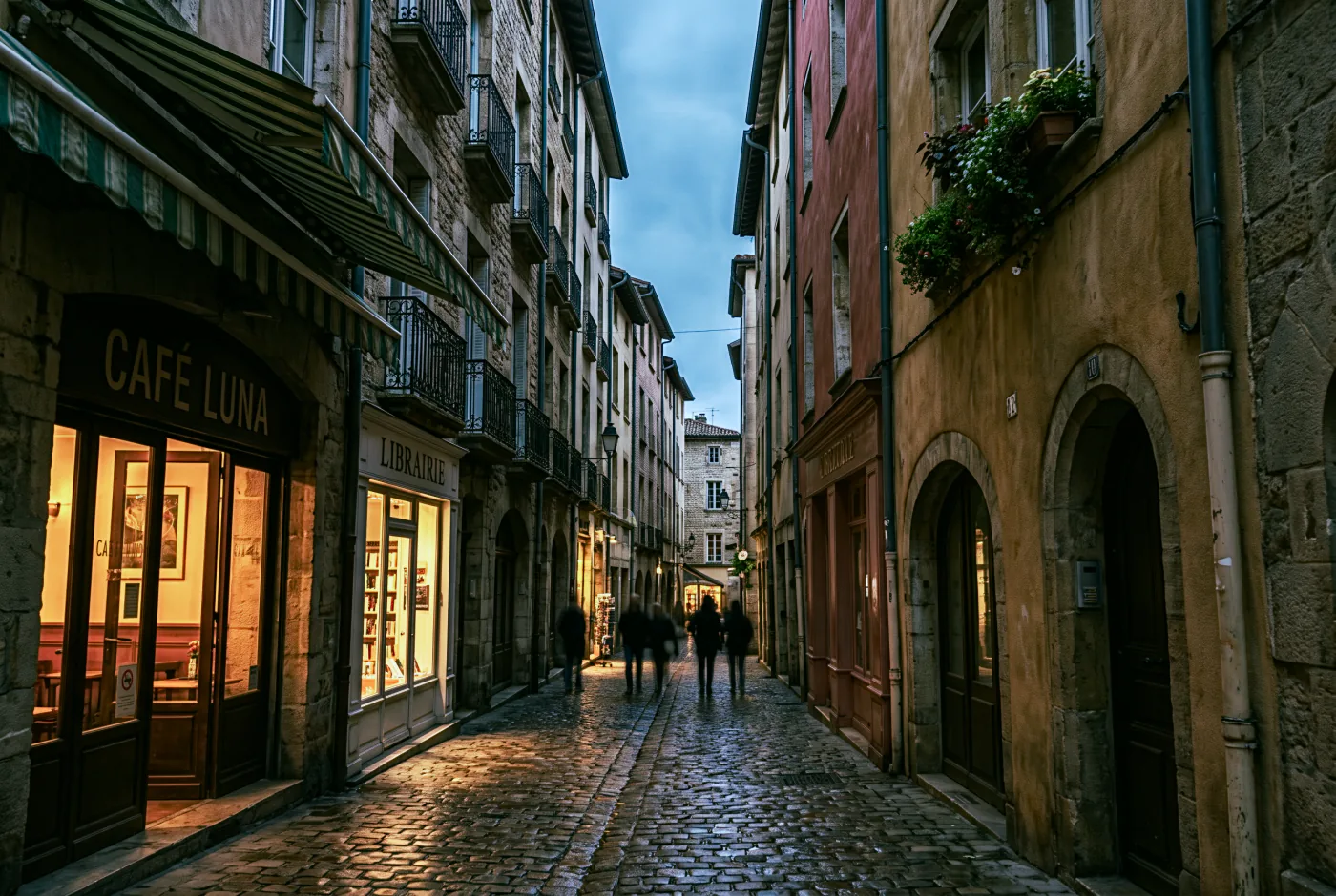 A narrow old town street at dusk, rendered by Lightbox with the Moss and Slate preset applied