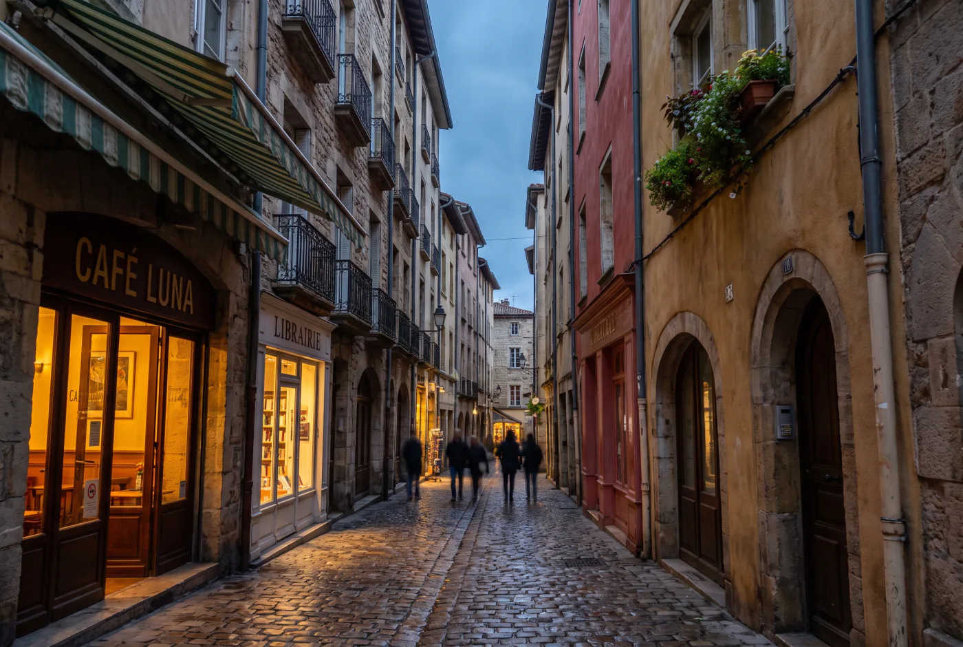 A narrow old town street at dusk, rendered by Lightbox with the As shot preset applied