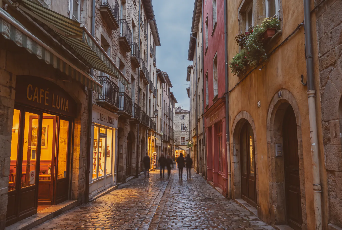 A narrow old town street at dusk, rendered by Lightbox with the Sunday Chrome preset applied