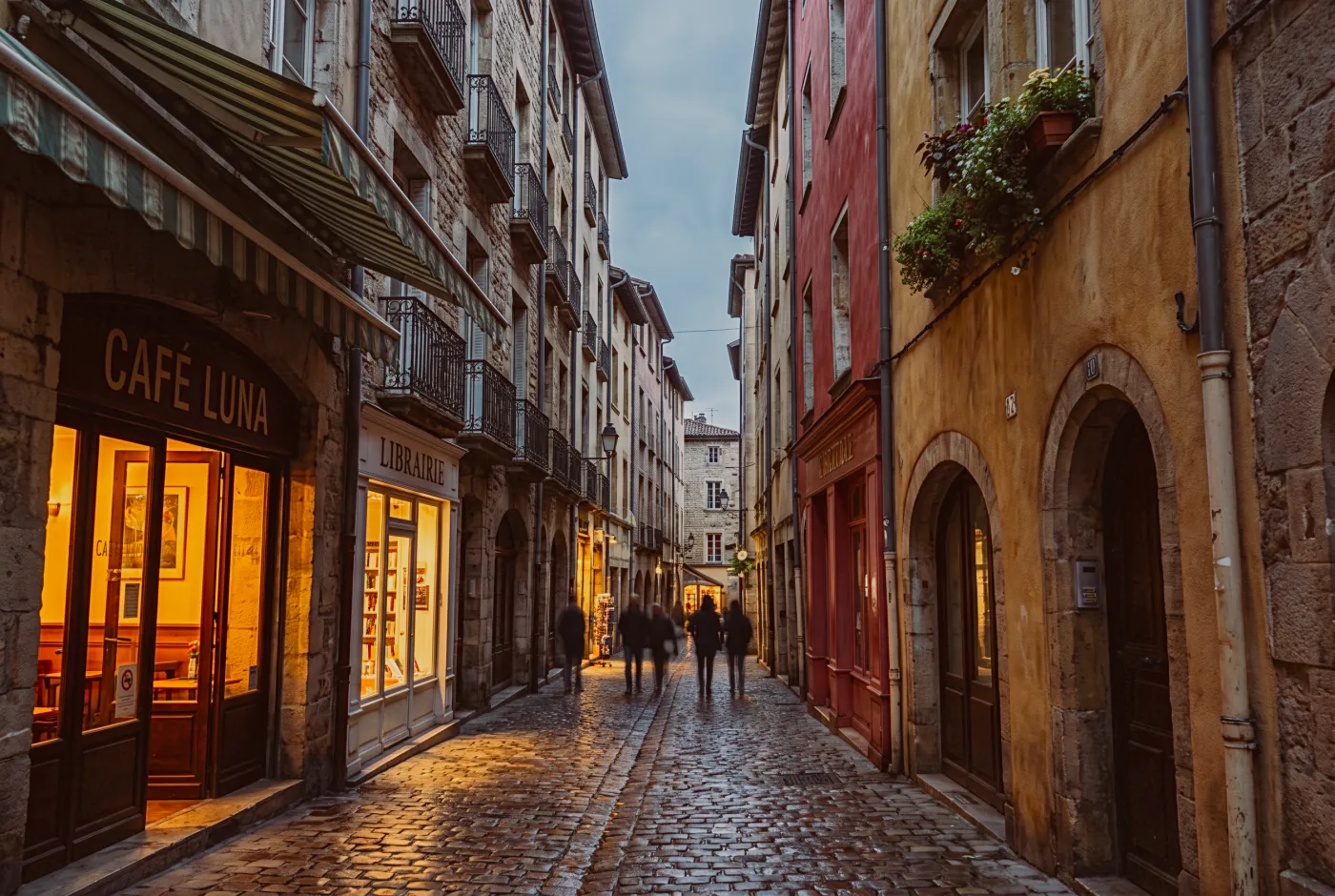 A narrow old town street at dusk, rendered by Lightbox with the Super 8 preset applied